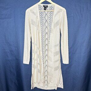 Boho Grandma Cottagecore open knit neutral long cardigan sweater, M